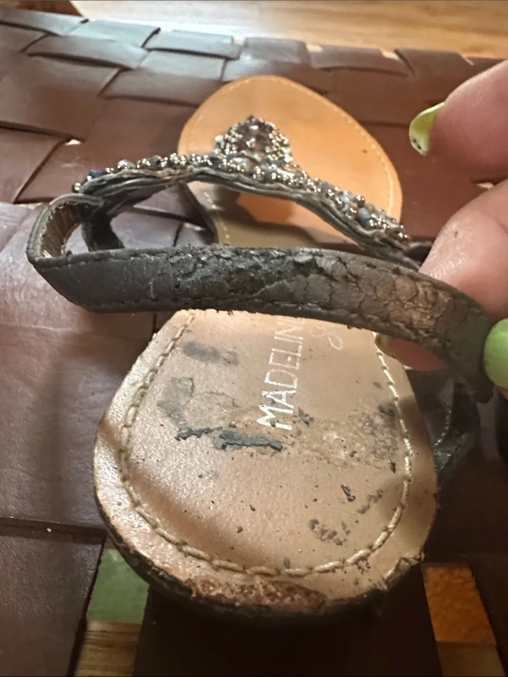 Madeline Stuart Gray Beaded Floral Thong Sandals